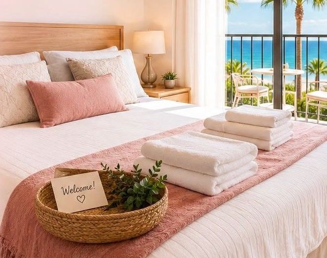 Freshly made holiday rental bed with folded towels and a welcome card, sea view through the balcony door