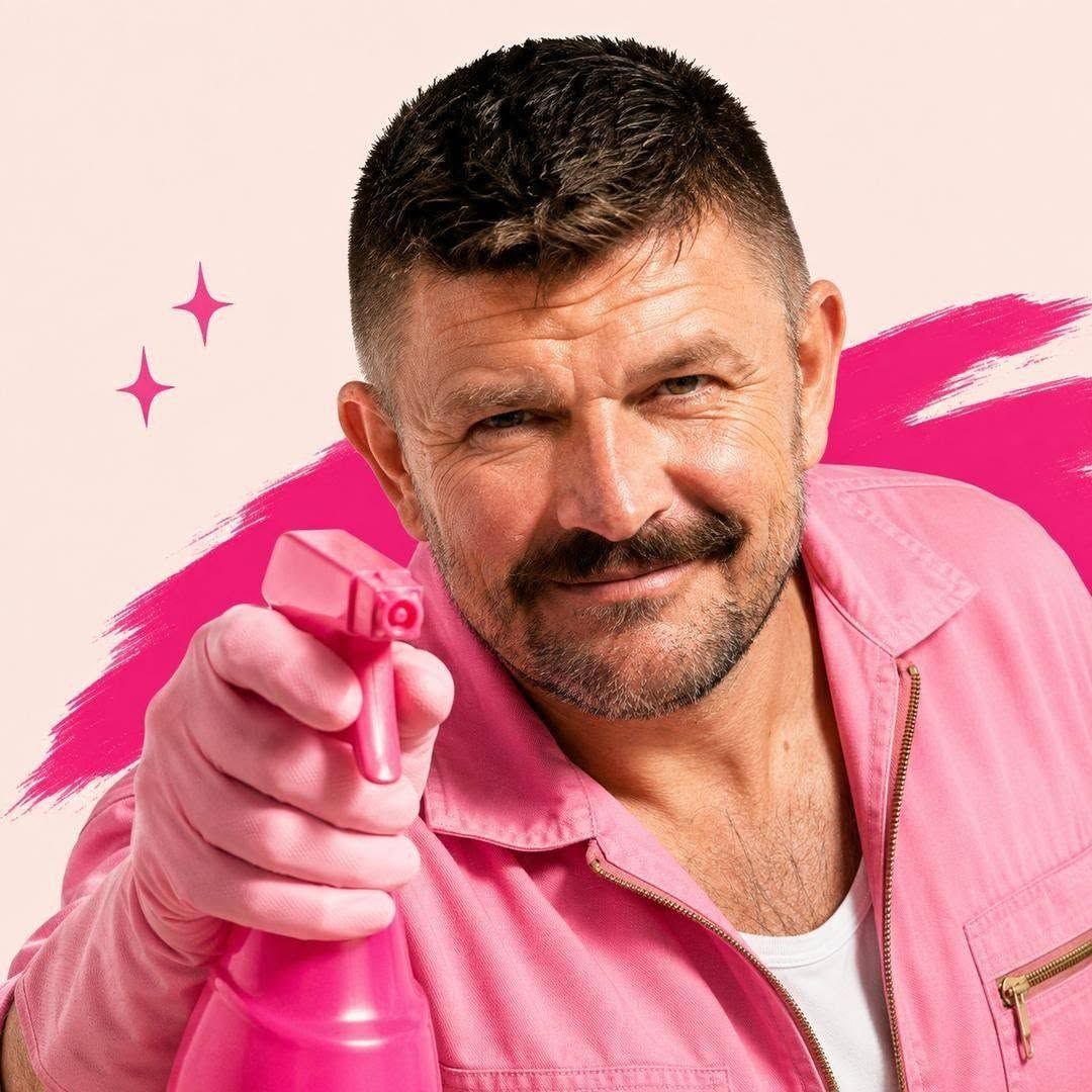 Smiling man in a pink boiler suit and pink gloves pointing a pink spray bottle