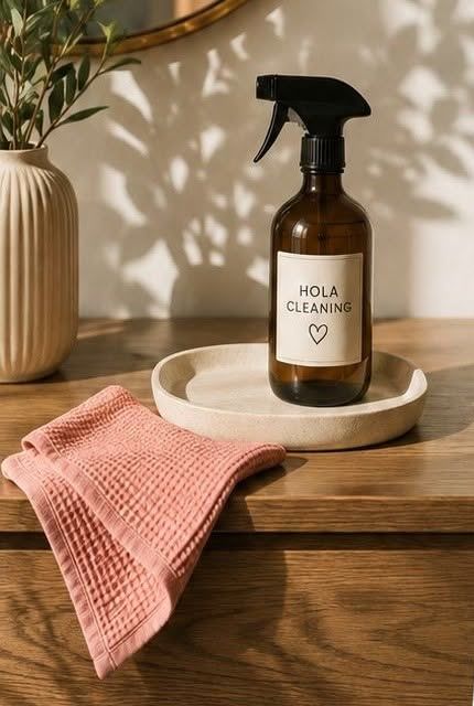 Hola Cleaning spray bottle on a wooden sideboard next to a folded pink cloth